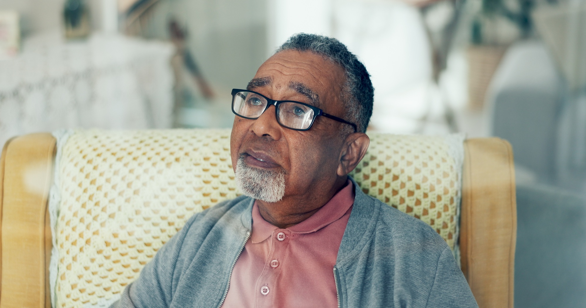 Elderly man, thinking and glasses in nursing home for retirement, nostalgia and grief for loss. Sen